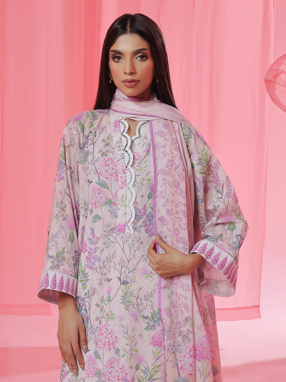 3PCs Printed Pret & Unstitched Suit Lawn Peach