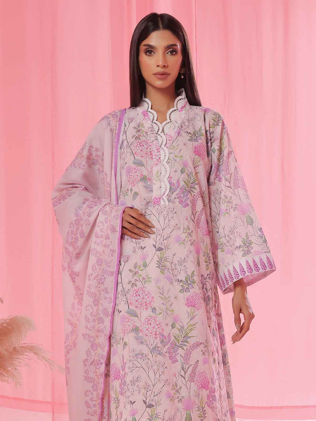 3PCs Printed Pret & Unstitched Suit Lawn Peach