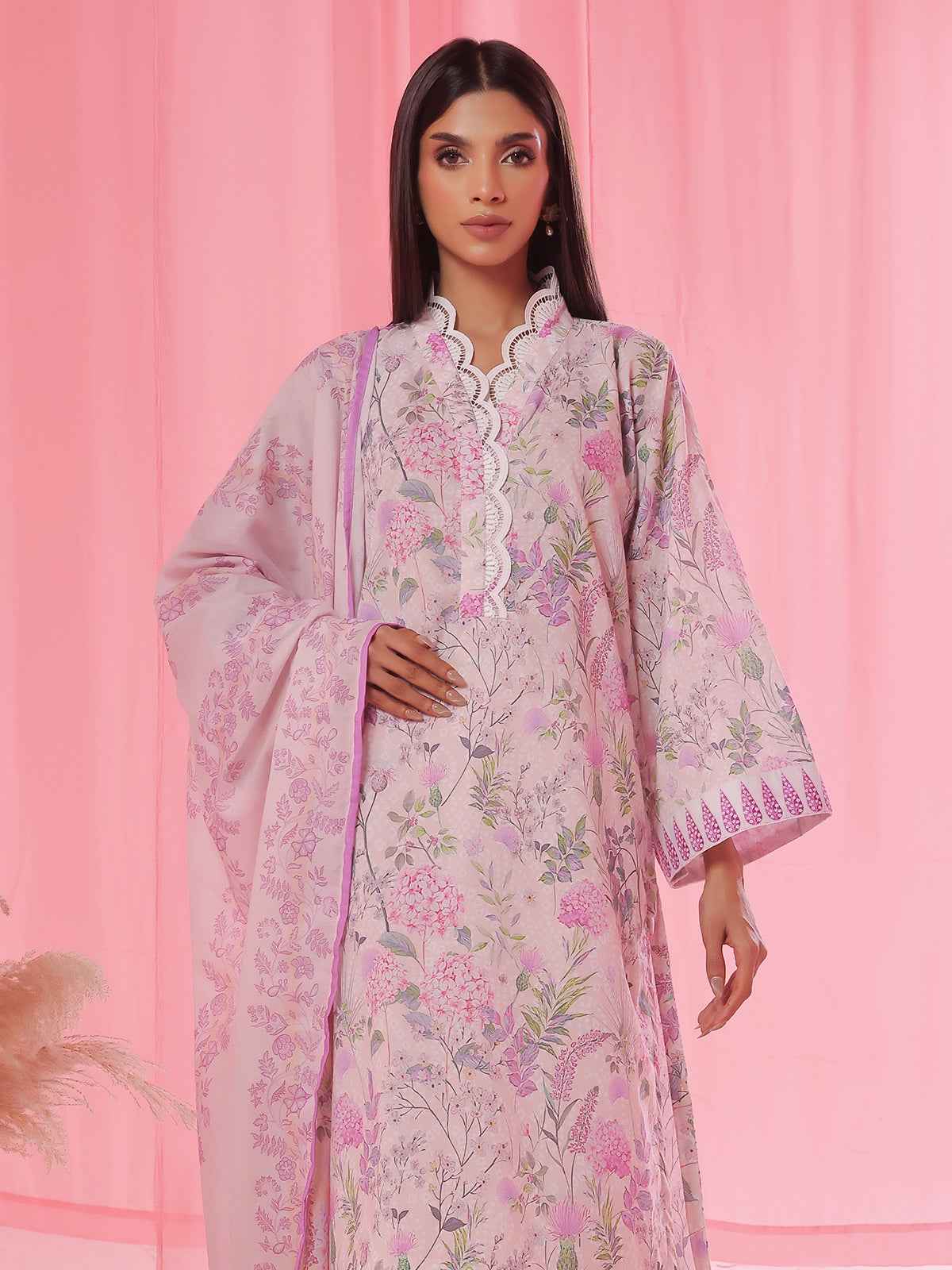 3PCs Printed Pret & Unstitched Suit Lawn Peach