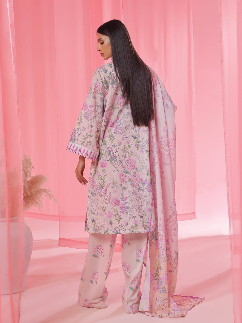 3PCs Printed Pret & Unstitched Suit Lawn Peach