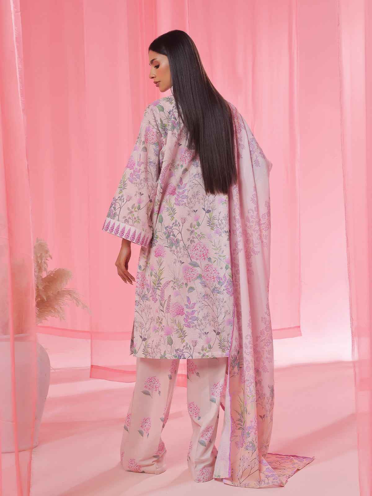 3PCs Printed Pret & Unstitched Suit Lawn Peach