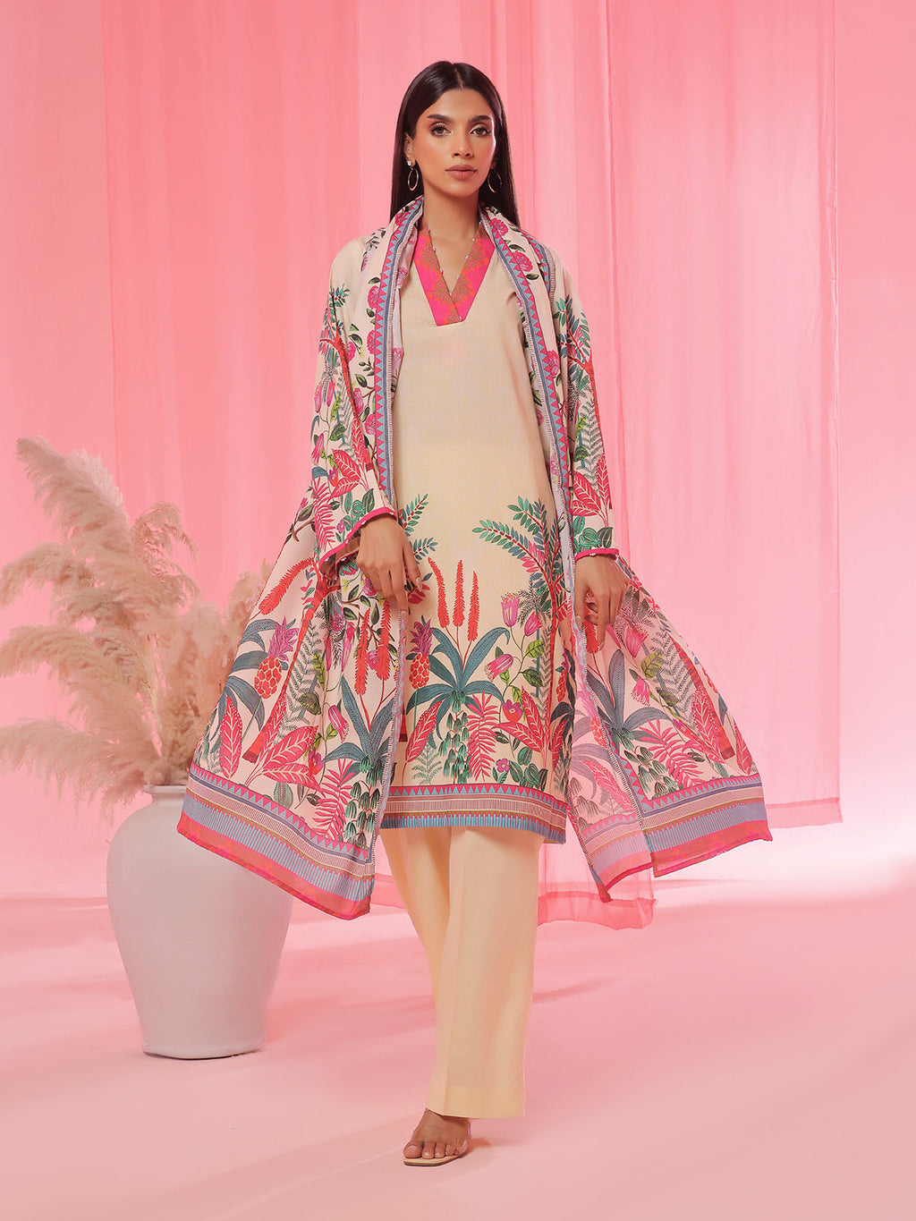 3PCs Printed Unstitched Suit Lawn Beige - OL3P-6358-A