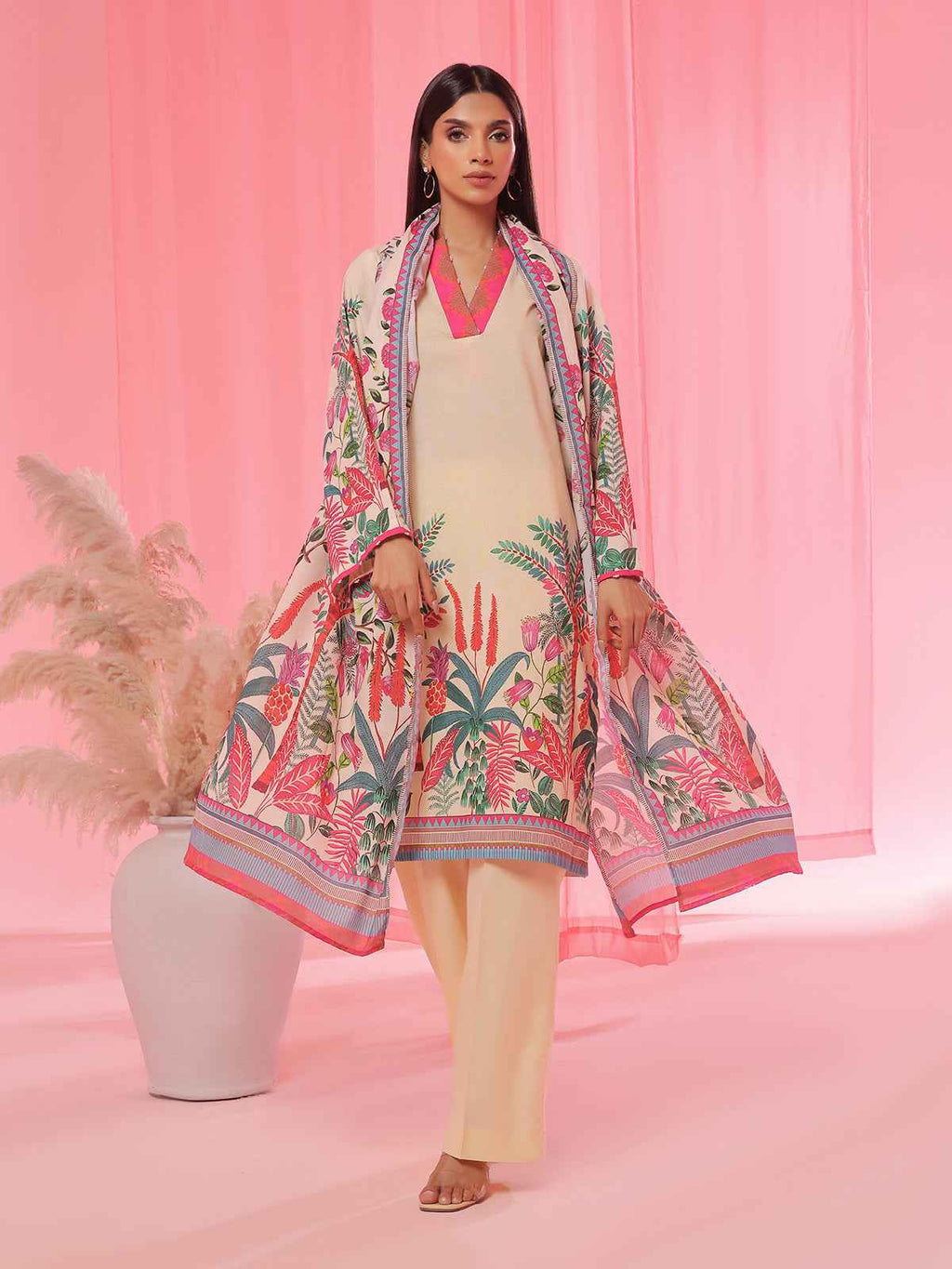 3PCs Printed Pret & Unstitched Suit Lawn Beige