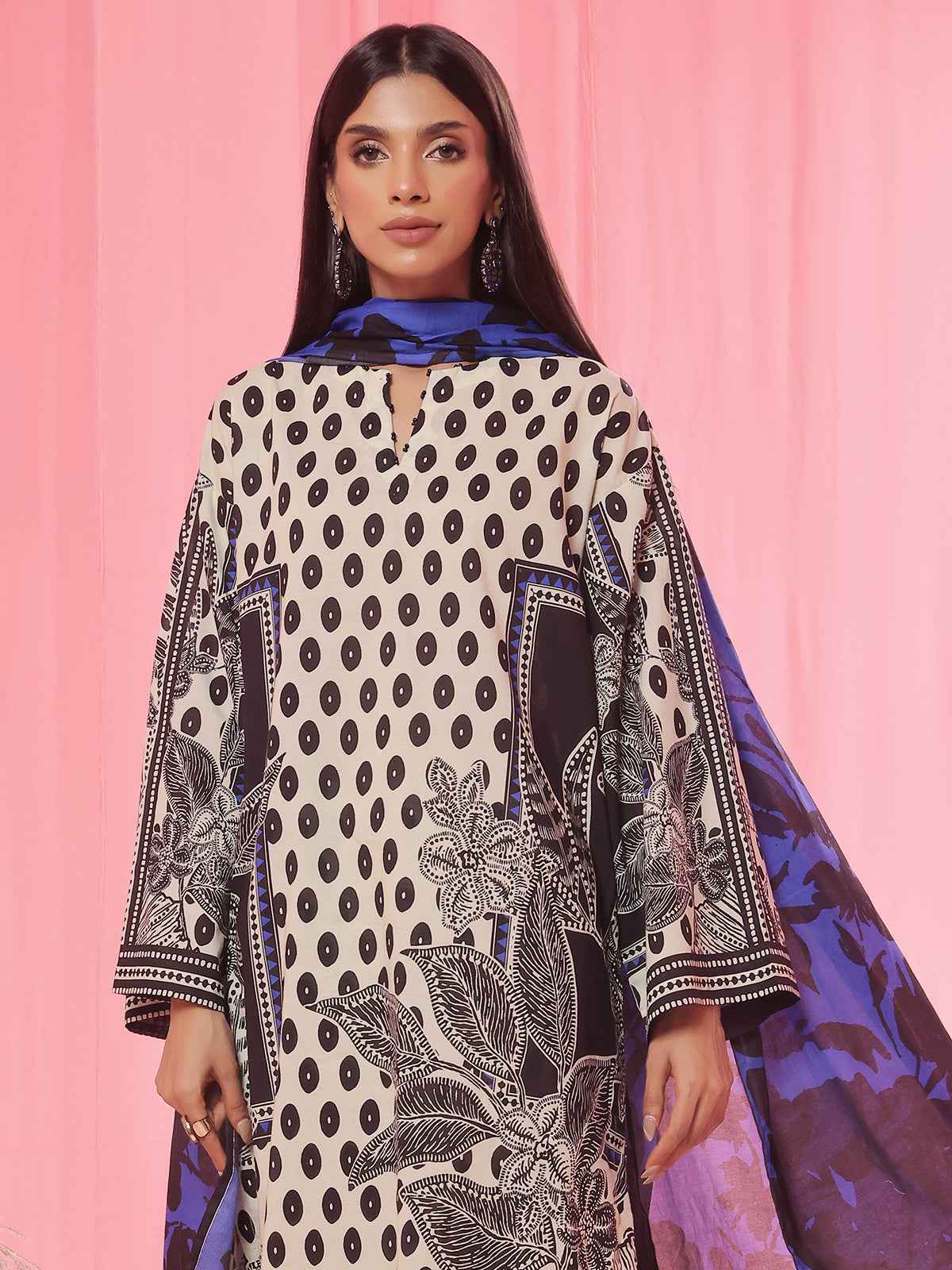 3PCs Printed Pret & Unstitched Suit Lawn Black