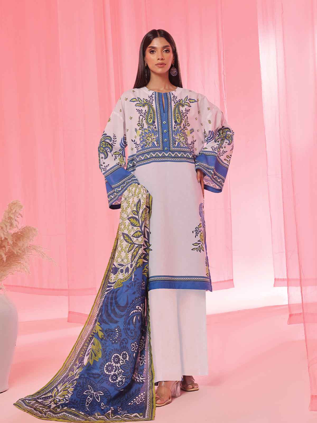 3PCs Printed Pret & Unstitched Suit Lawn Blue