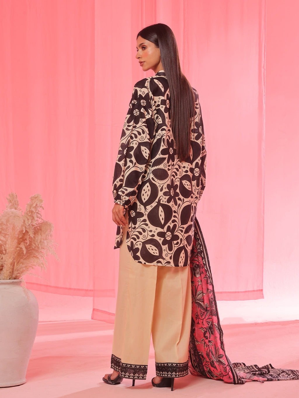 3PCs Printed Pret & Unstitched Suit Lawn Black & Beige