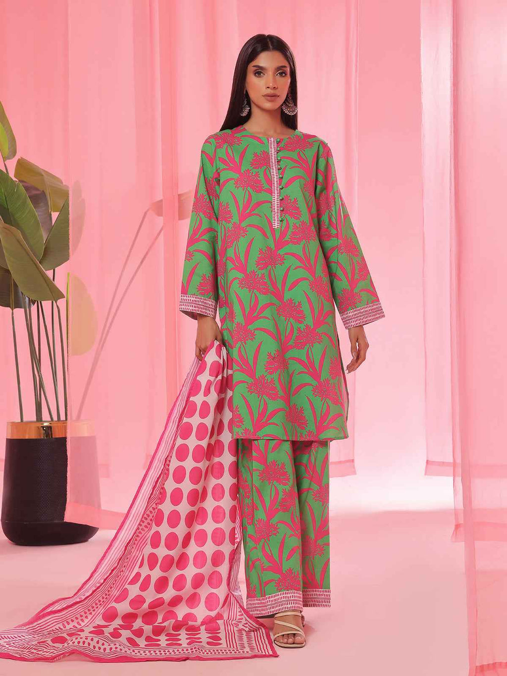 3PCs Printed Pret & Unstitched Suit Lawn Green