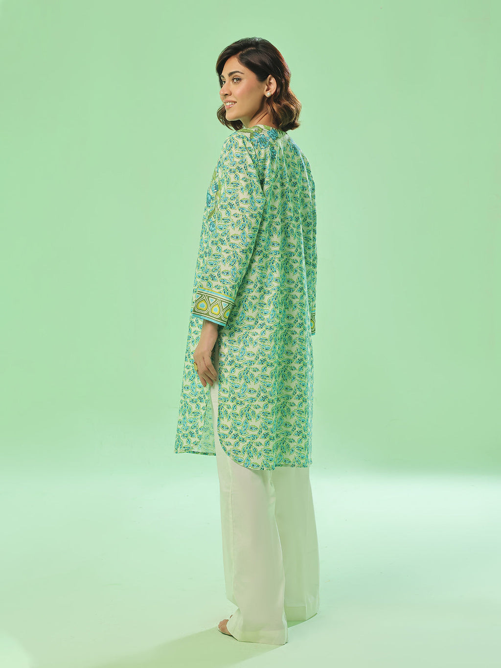 1PC Printed Unstitched Kurti Lawn Green - OLK-6356-A