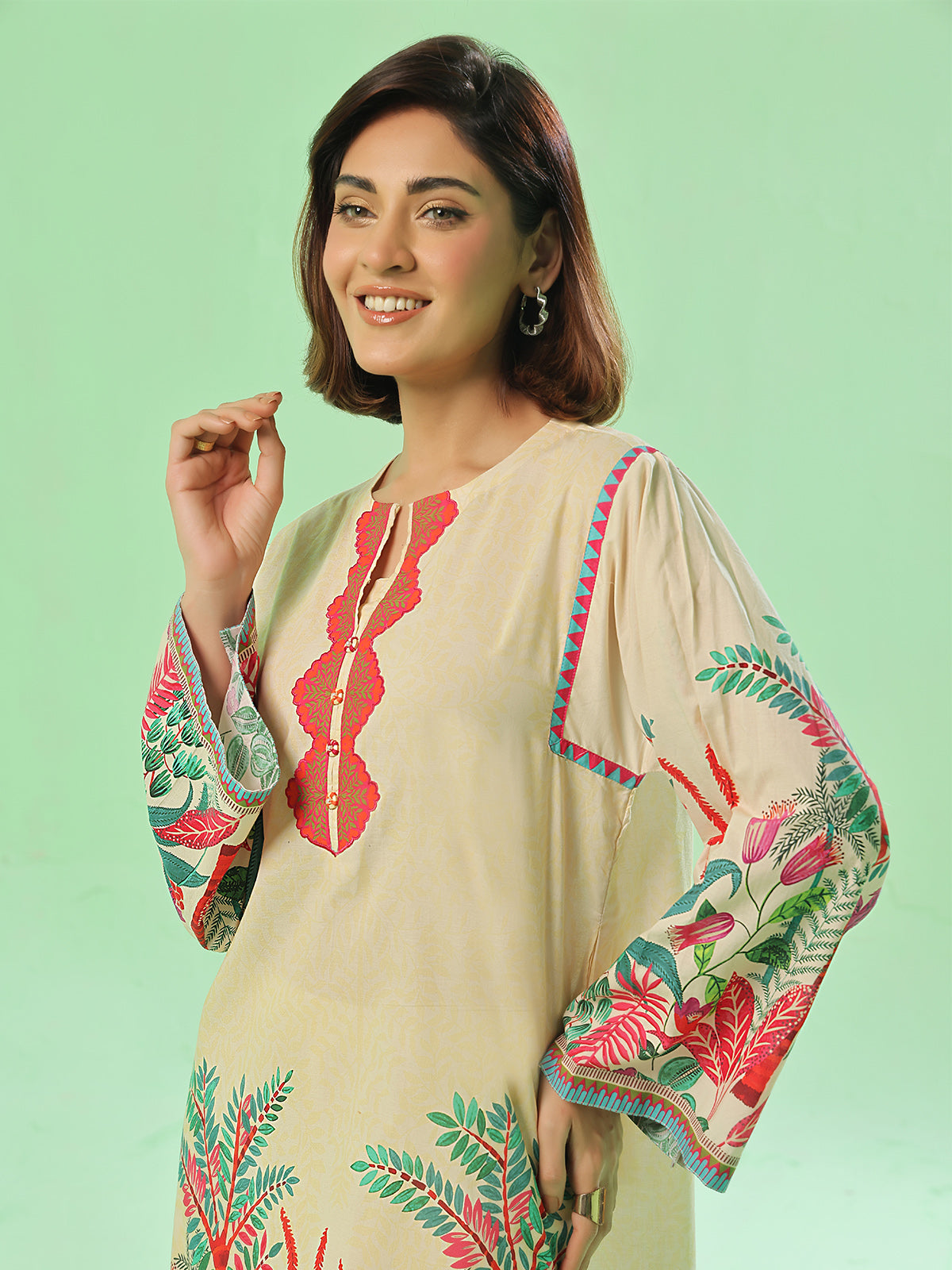 1PC Printed Unstitched Kurti Lawn Beige - OLK-6358-A