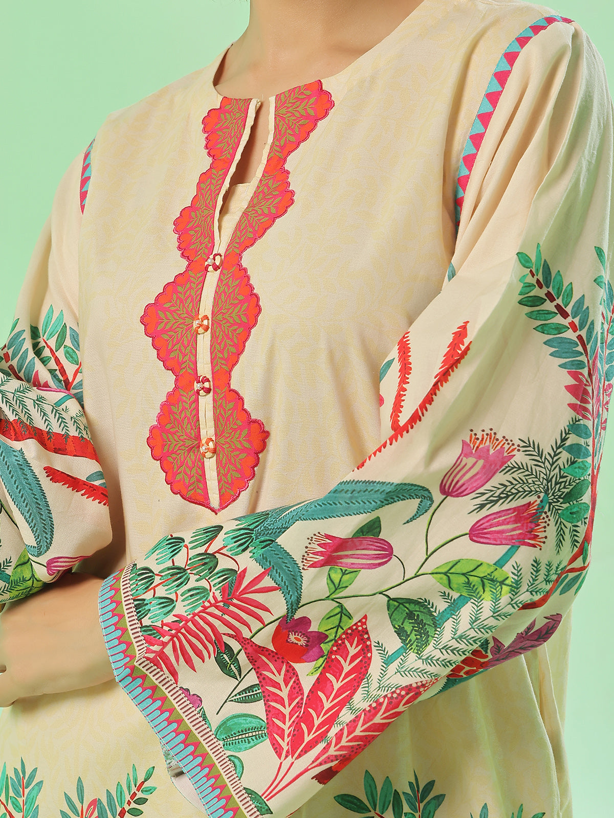 1PC Printed Pret Kurti Lawn Beige - OWKT-2504017