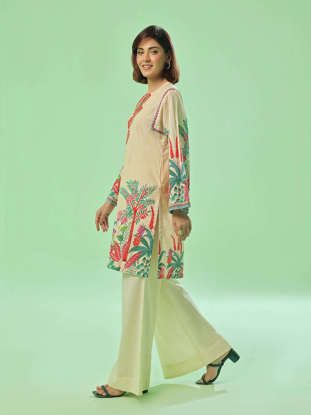 1PC Printed Unstitched Kurti Lawn Beige - OLK-6358-A