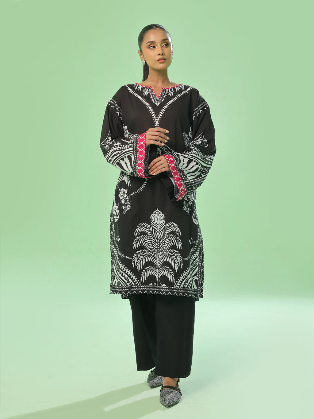 1PC Printed Unstitched kurti Lawn Black - OLK-6360-A