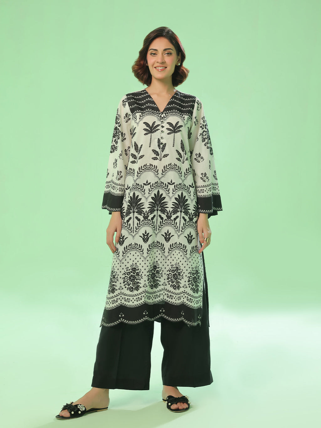 1PC Printed Pret Kurti Lawn Black - OWKT-2504016