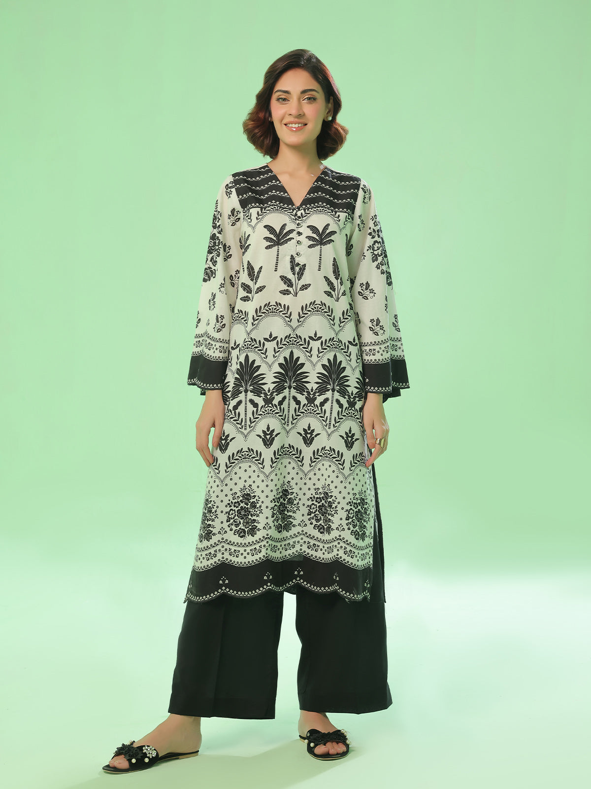 1PC Printed Pret Kurti Lawn Black - OWKT-2504016