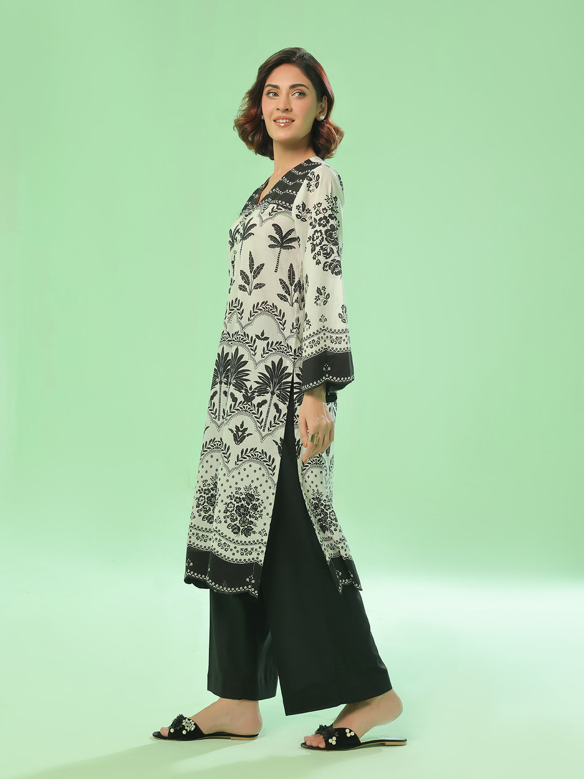 1PC Printed Unstitched Kurti Lawn Black - OLK-6383-A
