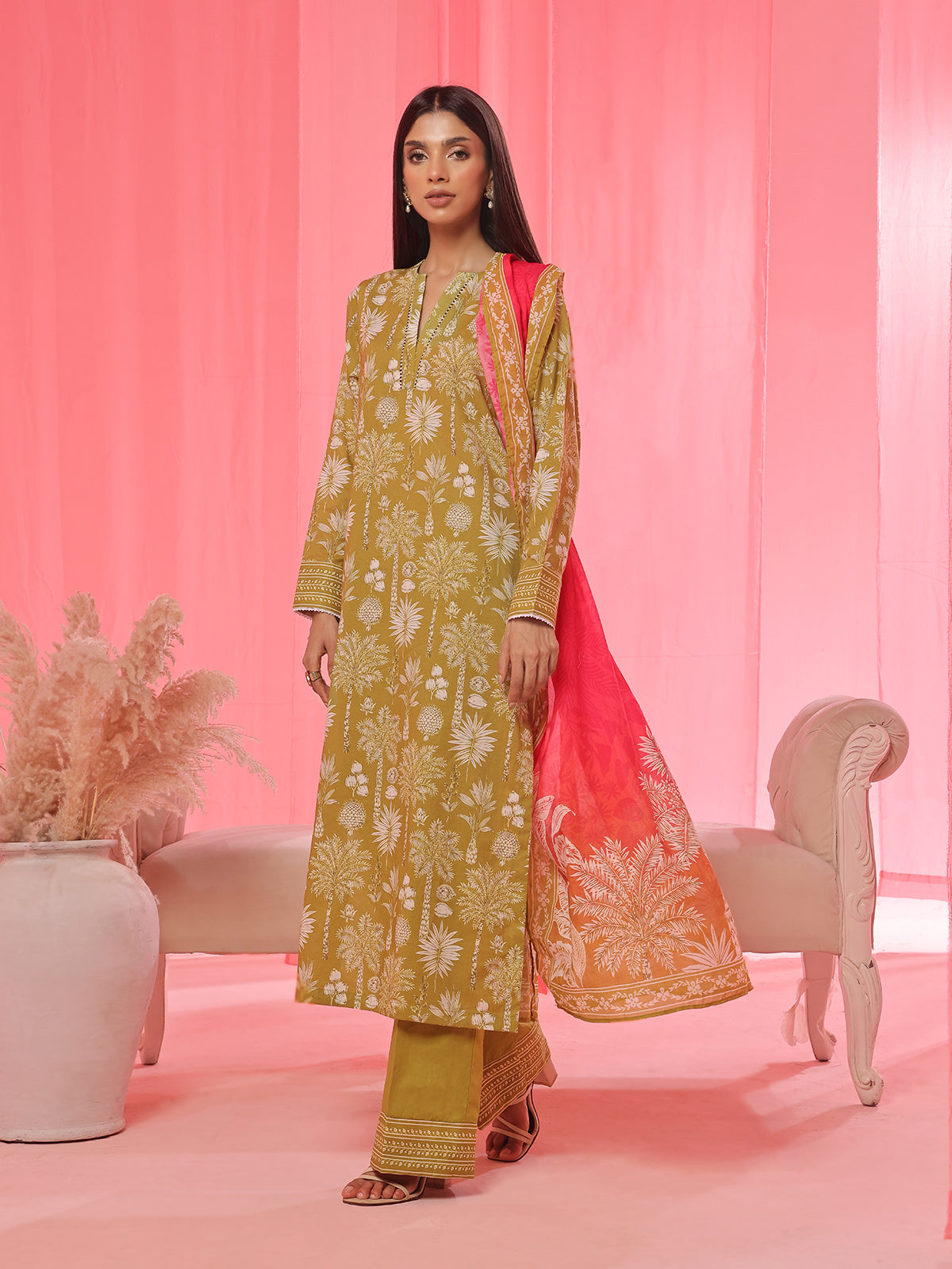 3PCs Printed Pret & Unstitched Suit Lawn Green