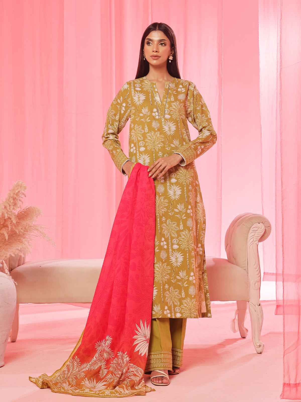 3PCs Printed Pret & Unstitched Suit Lawn Green