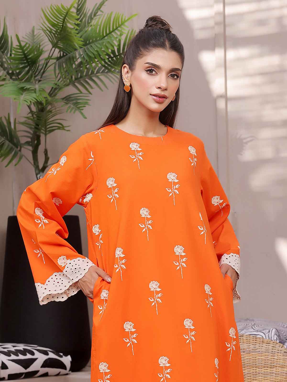 2Pc Printed Pret Shirt Trouser Lawn Orange - OW2P-2404005